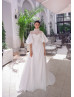 Elbow Sleeves Ivory Tulle Satin Slit Back Vintage Wedding Dress